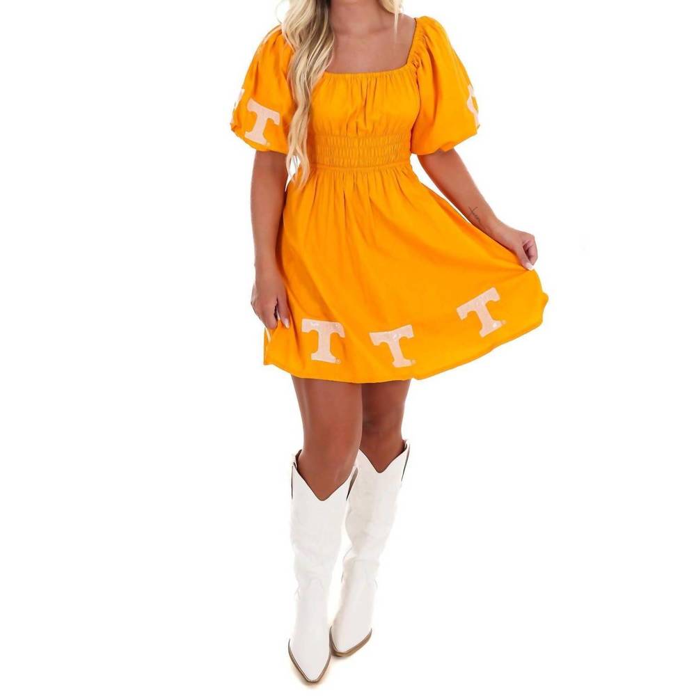 NEW STEWART SIMMONS university of tennessee puff sleeve mini dress in orange - Picture 6 of 10